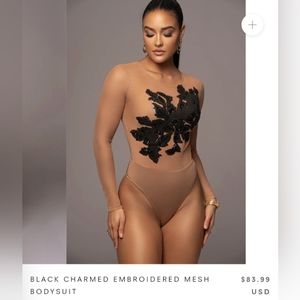 BLACK CHARMED EMBROIDERED MESH BODYSUIT